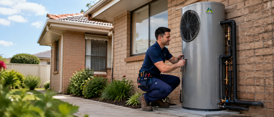 Plumber installing a heat pump hot water system outside an Australian home