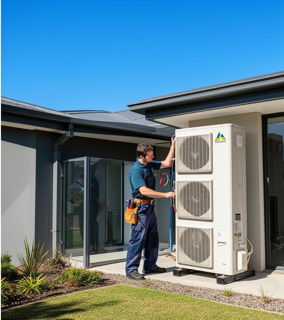 Technician commissioning a large multi-split outdoor unit at a Victorian home